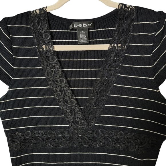 Bebe Y2K 2000s Black Striped Ribbed Lace Trim Silk Blend V-Neck Baby Top Medium - Picture 3 of 9